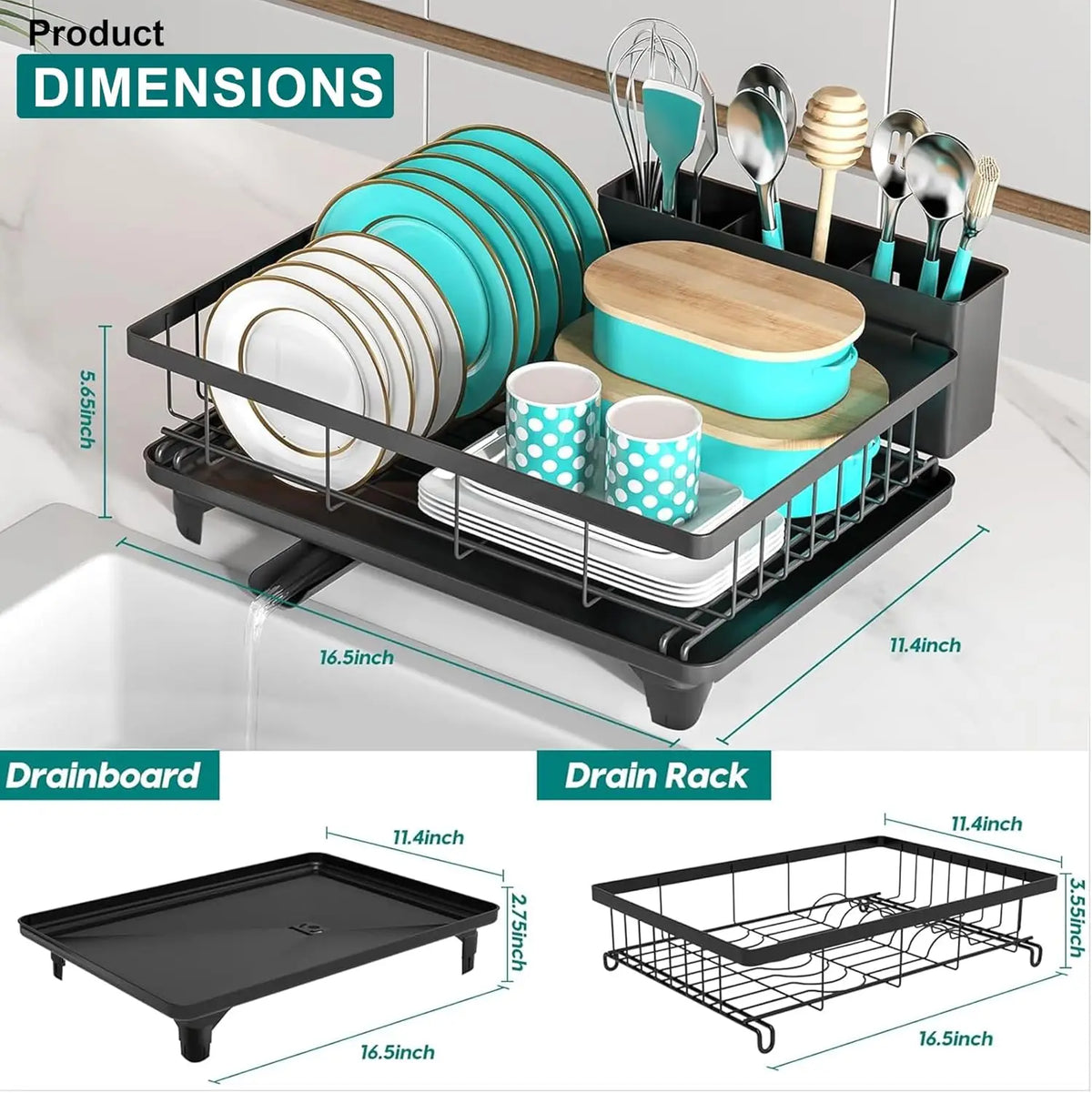 2Tier Dish Drainer Rack Space-Saving Dish Rack with Swivel Drainage Large Capacity Drainboard Utensil Holder Plates Cups Cutlery