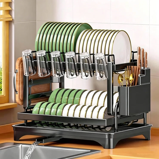 2-Tier Kitchen Dish Drain Drying Rack With Drainboard Kitchen Countertop Carbon Steel Organizer Shelf Cup Utensils Storage Rack