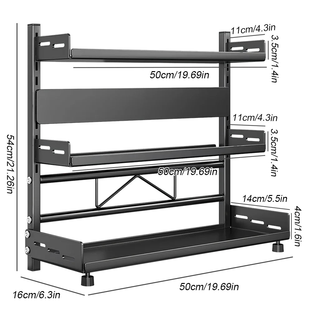 Standing Spice Rack, 3 Tier Spice Rack, Black Kitchen Shelf, Metal Storage Rack, Large Capacity for Kitchens Worktop Storage