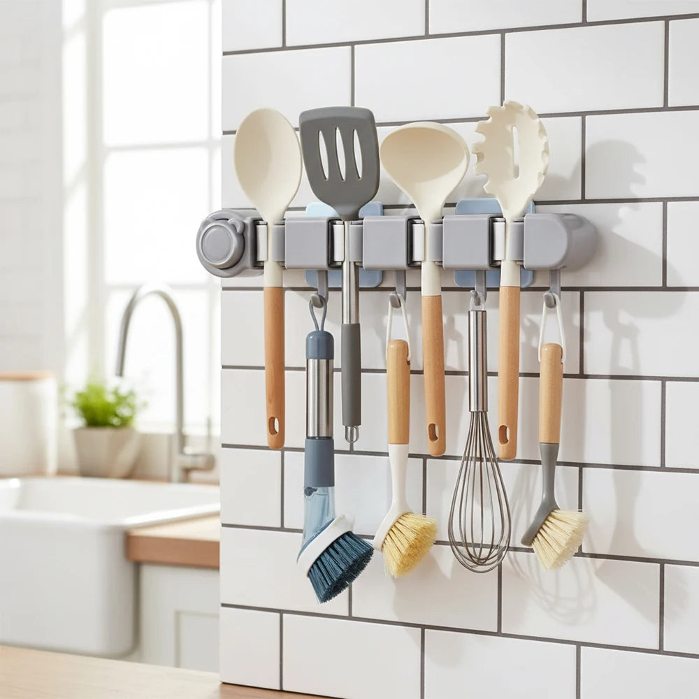 No-Drill Wall-Mounted Broom & Mop Holder - Bathroom Storage Rack for Mops, Brooms & Cleaning Supplies