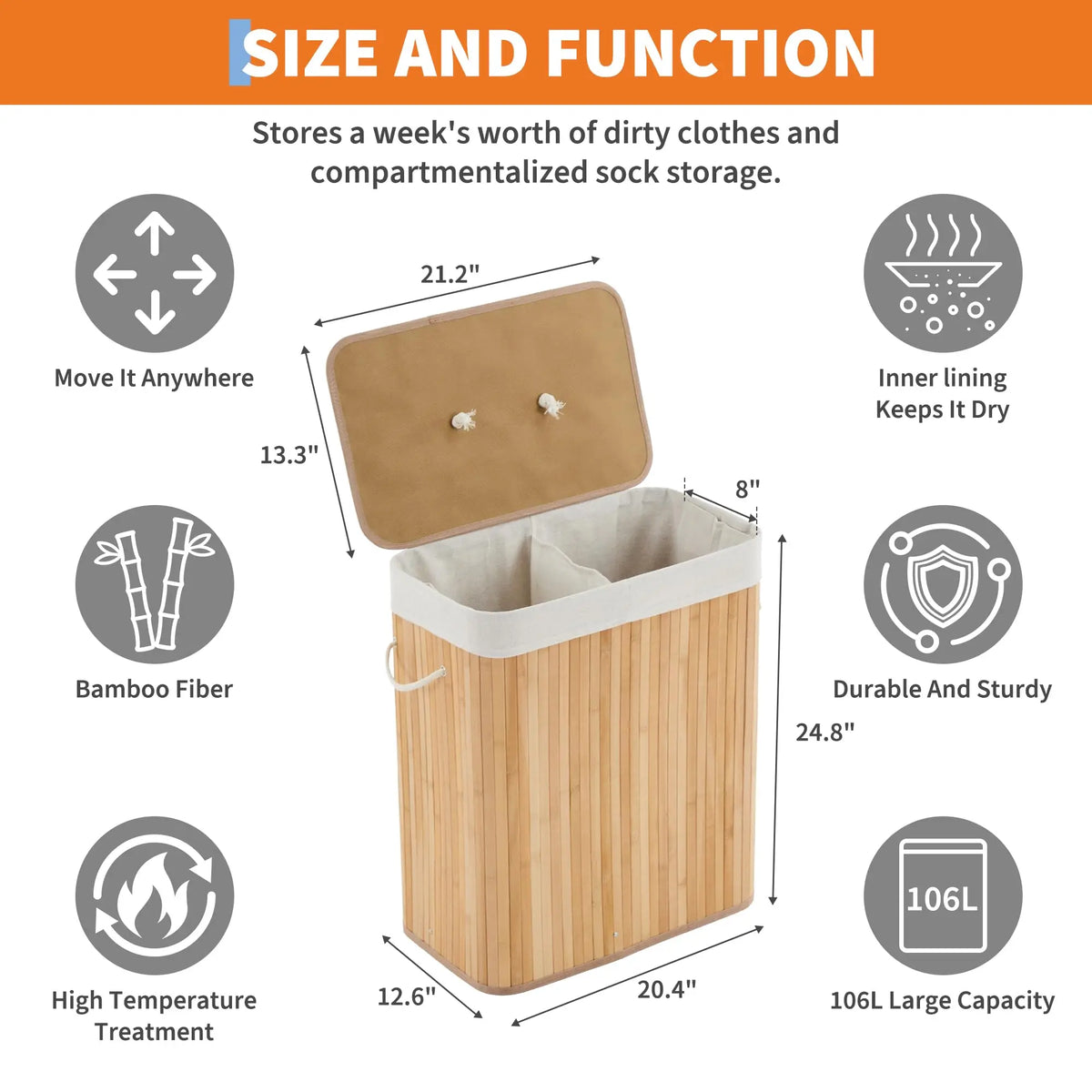Bamboo Laundry Hamper 106L | Removable 4-Section Liner | Lid & Handles