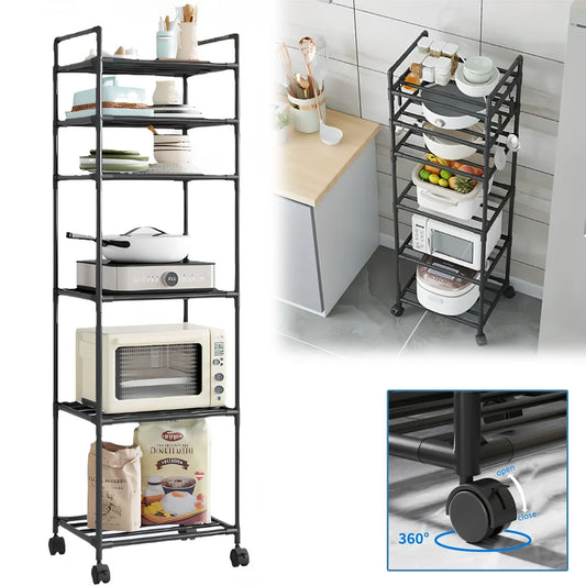 Heavy Duty 6-Tier Metal Utility Shelf with Locking Wheels - Home & Office Storage Solution