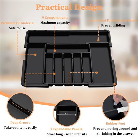 Large Expandable Kitchen Drawer Organizer for Flatware -Adjustable Cutlery Tray (6-9 Slots) for Spoons/Forks/Knives, Black