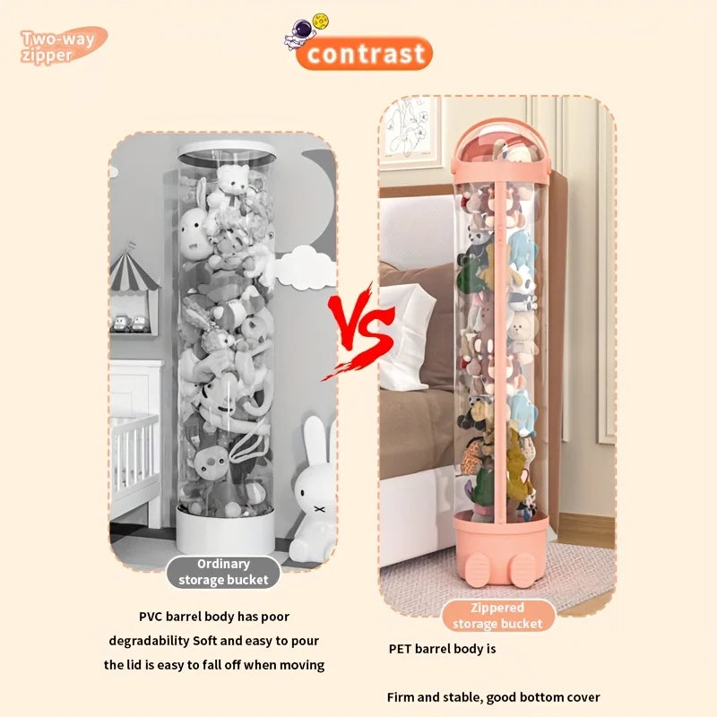 Stuffed Animal Storage Tube Toy With Zipper Vertical Display Organizer Bucket Lid Space Saving Tower For Kids Room Closet