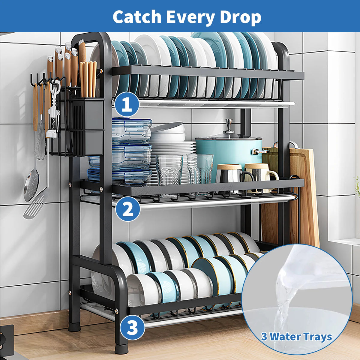 3-Tier Dish Drying Rack with Drainboard | Large Capacity | Rust-Proof Kitchen Organiser