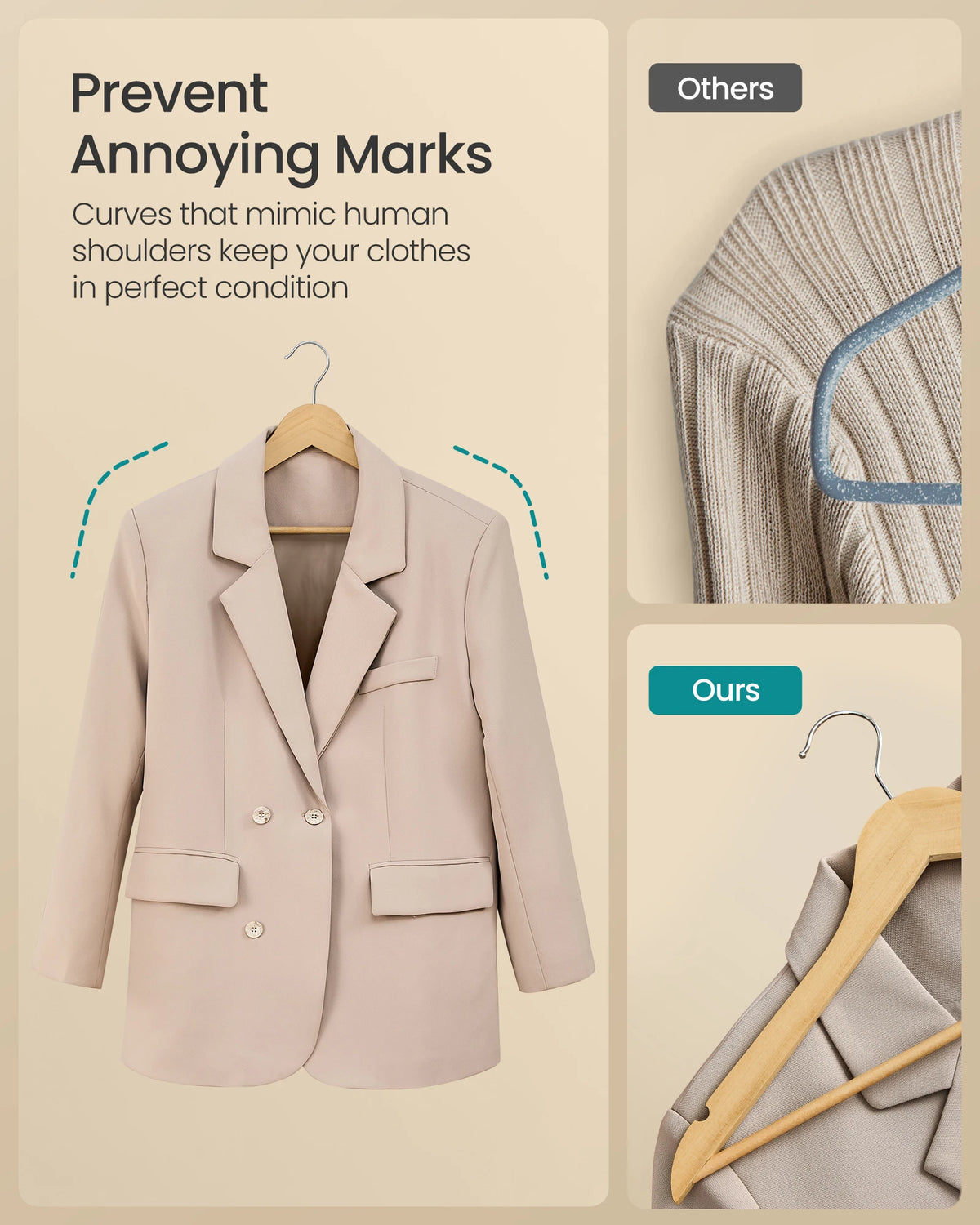 SONGMICS Wooden Hangers, Pack of 30, Coat Hangers, Pants Bar, 360° Swivel Hooks, Solid Birch Wood