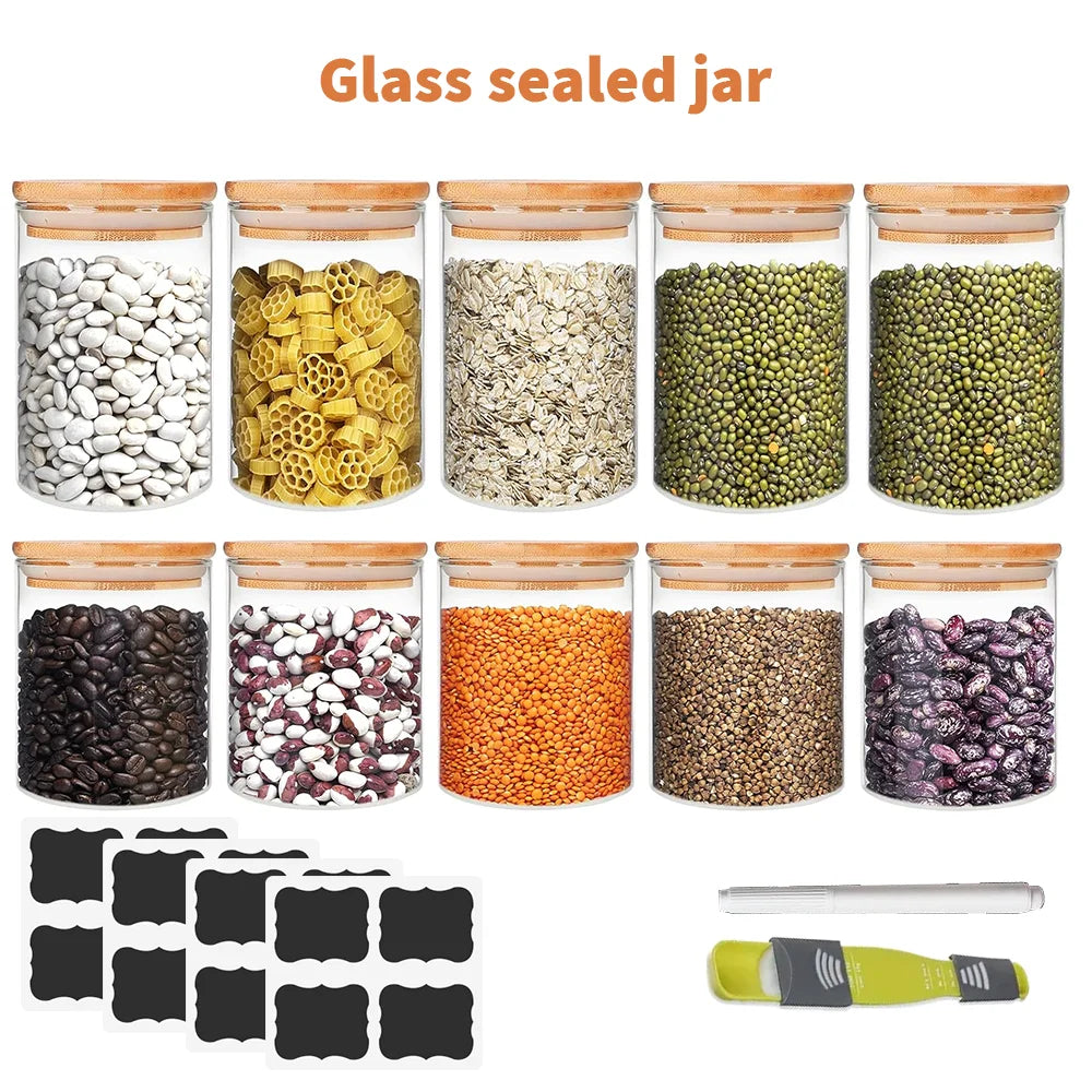 10-Piece Glass Storage Jar Set with Bamboo Lids | 250ml & 350ml | Kitchen Pantry