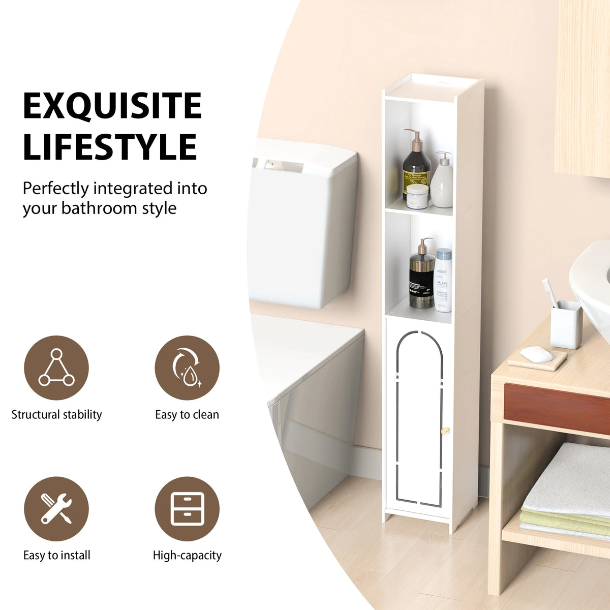 4-Tier Freestanding Bathroom Cabinet with Door | Waterproof PVC | White | 117 cm