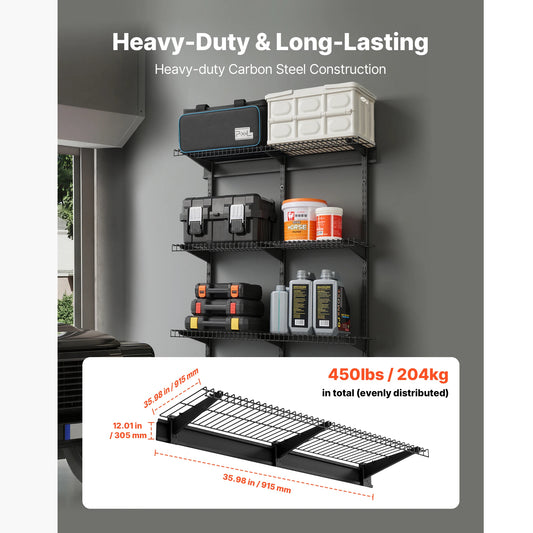 SucceBuy Heavy Duty Wall Garage Shelving 3-Tier 0.9x3 ft 450 lbs 11x36" Per Shelf Steel Wall Mounted Shelving Unit Metal Black