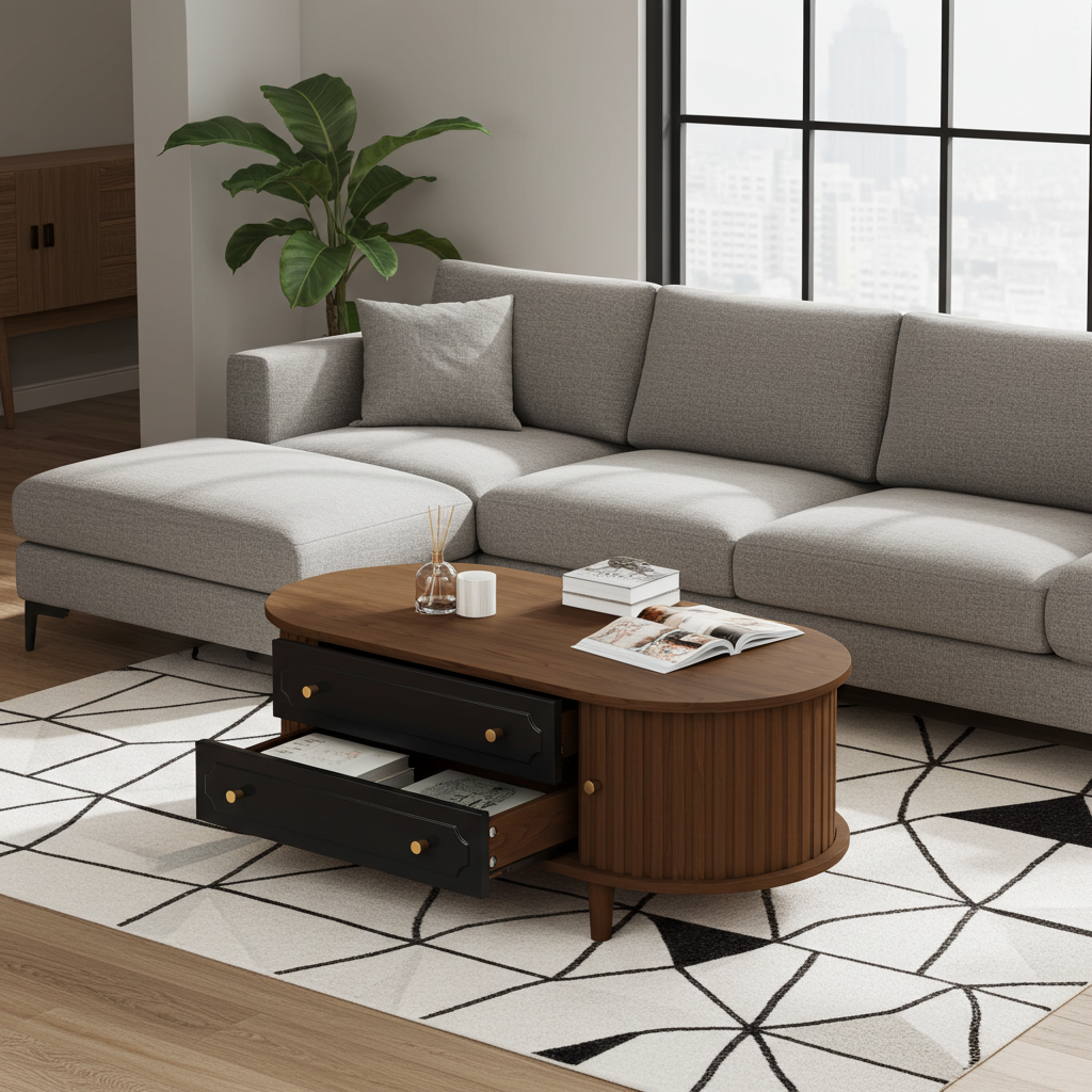 Coffee Table with 2 Drawers & Roll-Up Door — 100 × 50 cm, Walnut & Black