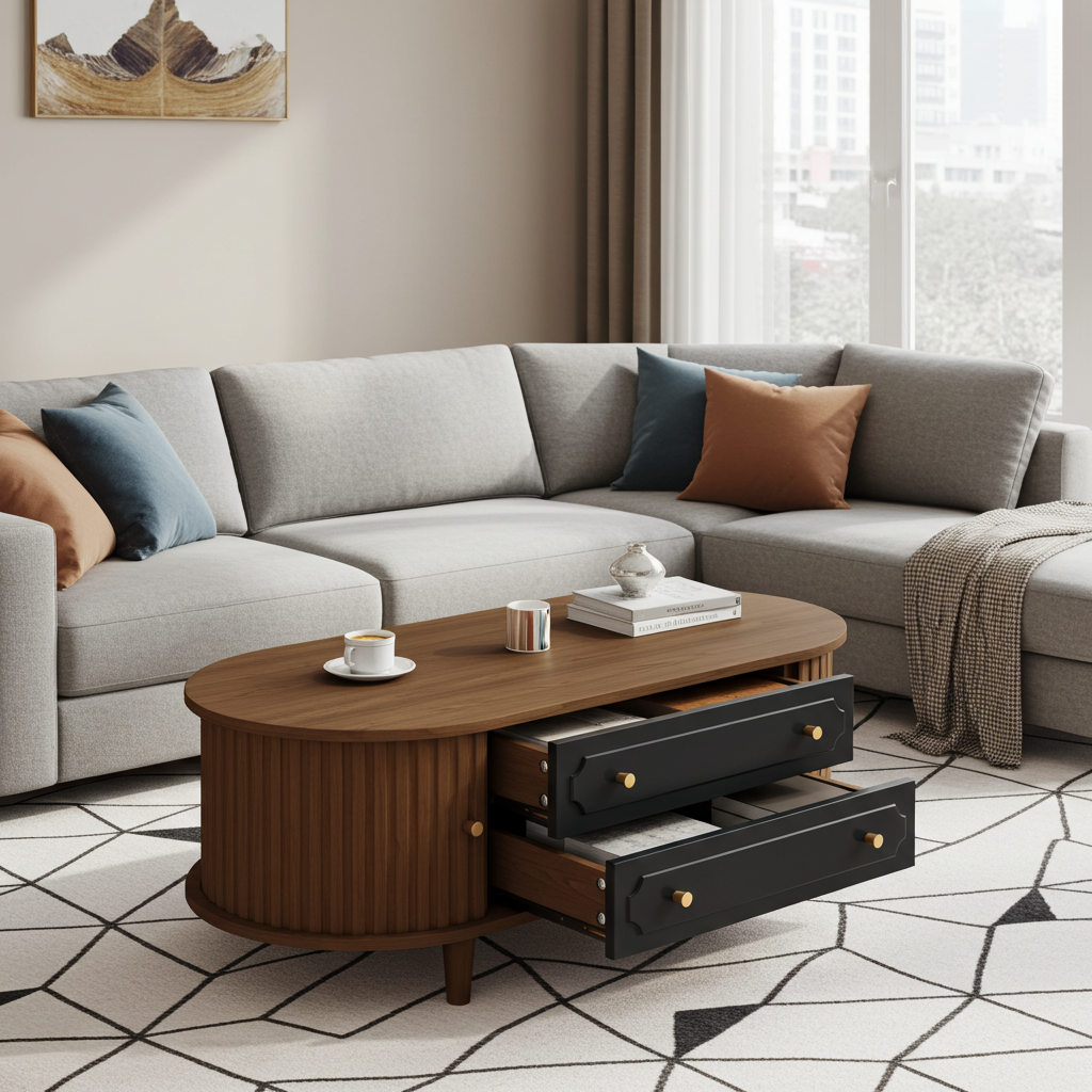 Coffee Table with 2 Drawers & Roll-Up Door — 100 × 50 cm, Walnut & Black