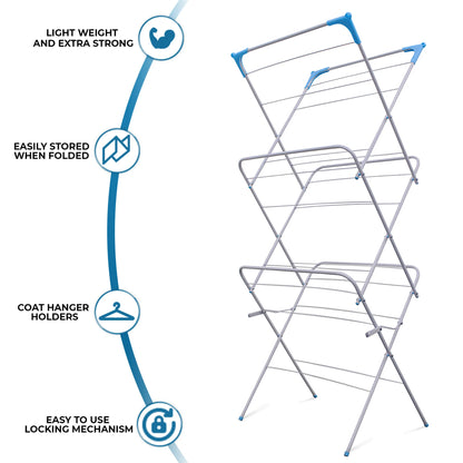 3-Tier Deluxe Foldable Clothes Airer | 14m Drying Space | Corner Hooks & Sock Dryer