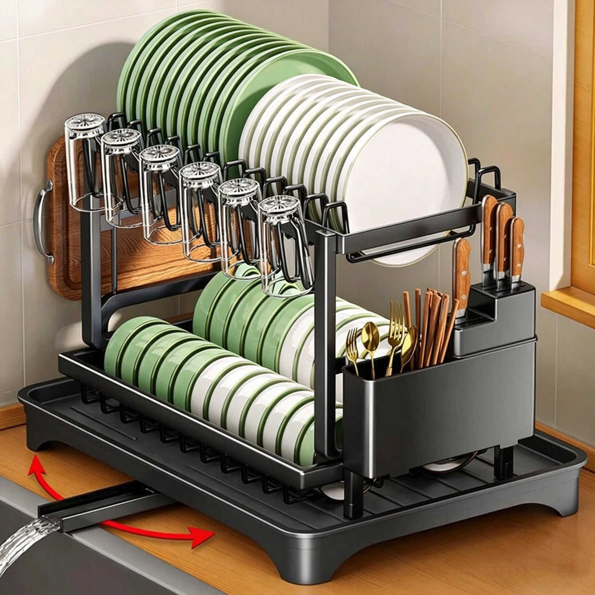 2-Tier Kitchen Dish Drain Drying Rack With Drainboard Kitchen Countertop Carbon Steel Organizer Shelf Cup Utensils Storage Rack