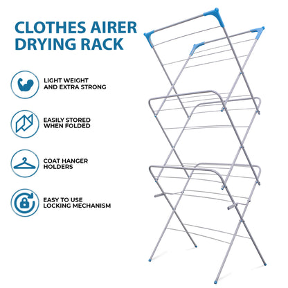 Crystals 3 Tier Deluxe Foldable Airer with 4 Corner Hooks and Sock Dryer, 14m