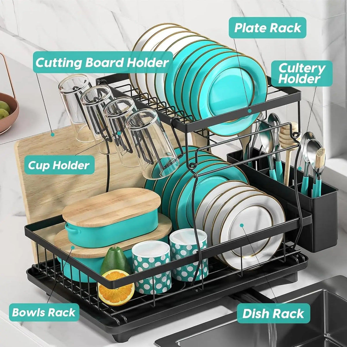 2Tier Dish Drainer Rack Space-Saving Dish Rack with Swivel Drainage Large Capacity Drainboard Utensil Holder Plates Cups Cutlery