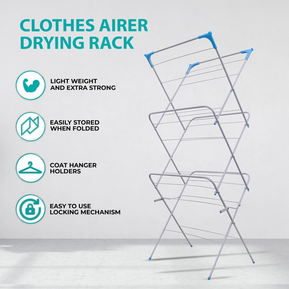 Crystals 3 Tier Deluxe Foldable Airer with 4 Corner Hooks and Sock Dryer, 14m