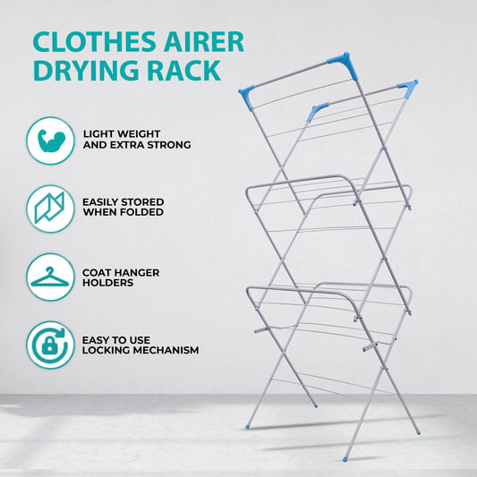 Crystals 3 Tier Deluxe Foldable Airer with 4 Corner Hooks and Sock Dryer, 14m