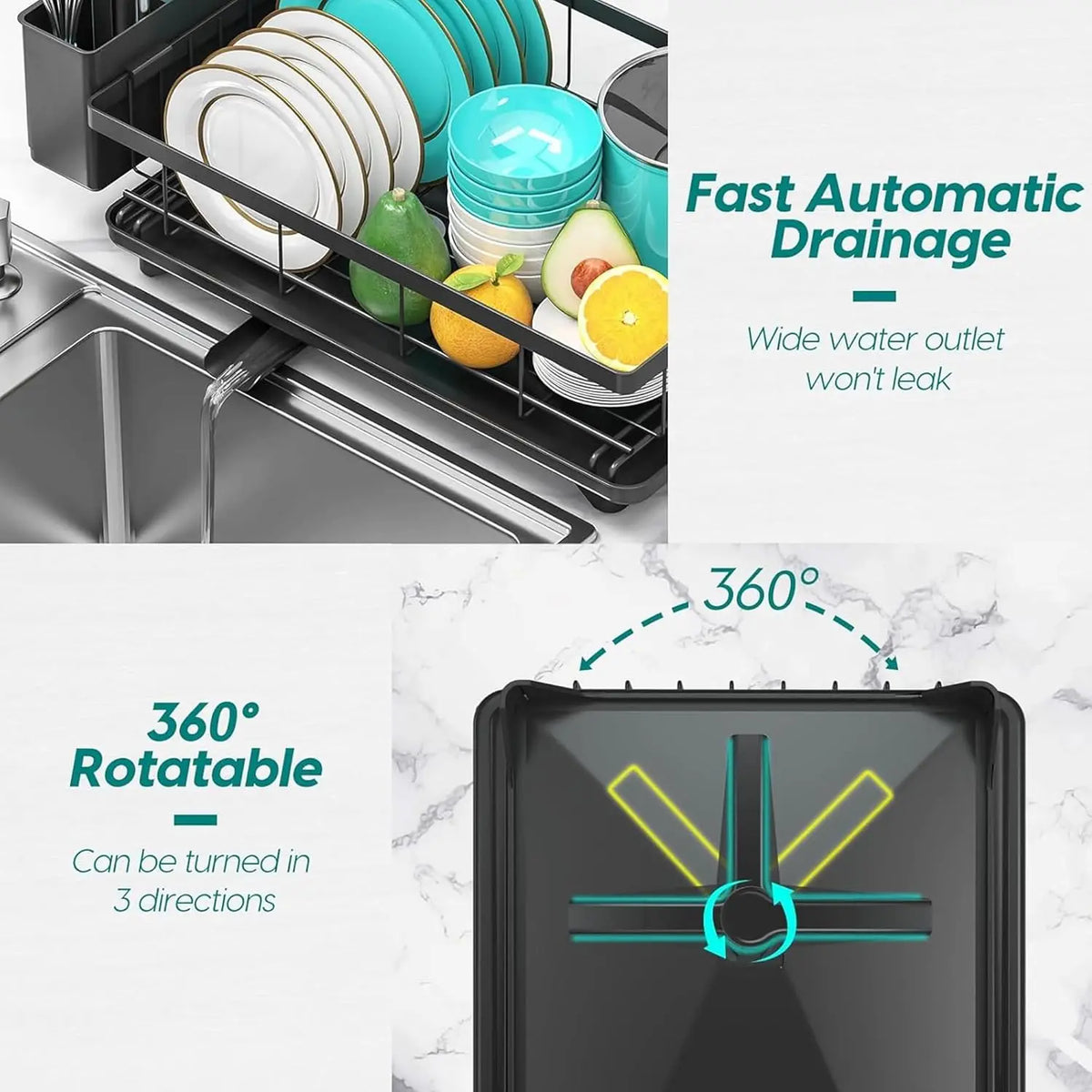2Tier Dish Drainer Rack Space-Saving Dish Rack with Swivel Drainage Large Capacity Drainboard Utensil Holder Plates Cups Cutlery