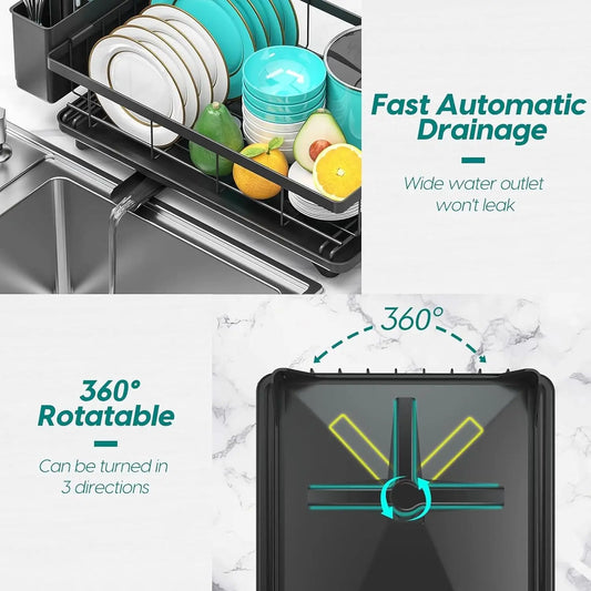 2-Tier Dish Drainer Rack with Swivel Drainage & Utensil Holder