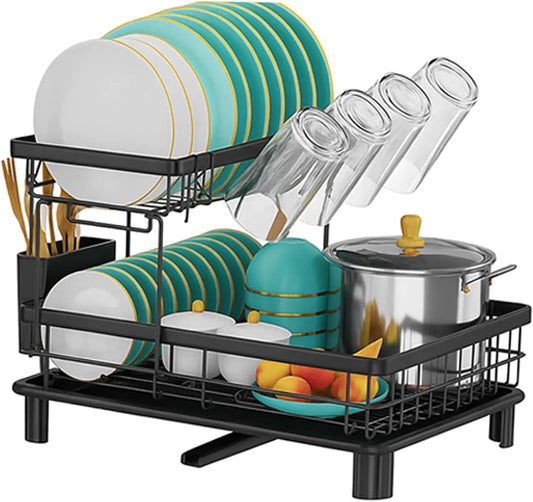 2Tier Dish Drainer Rack Space-Saving Dish Rack with Swivel Drainage Large Capacity Drainboard Utensil Holder Plates Cups Cutlery