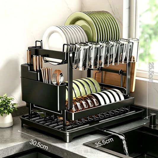 2-Tier Kitchen Dish Drain Drying Rack With Drainboard Kitchen Countertop Carbon Steel Organizer Shelf Cup Utensils Storage Rack