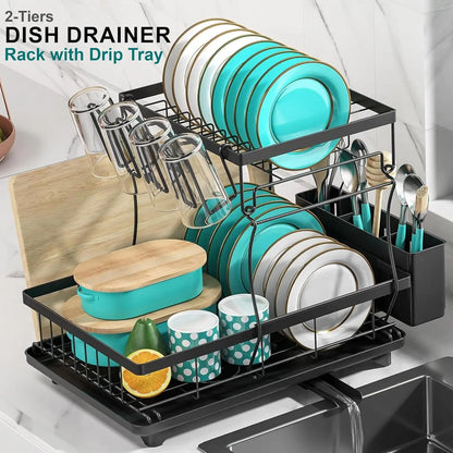 2Tier Dish Drainer Rack Space-Saving Dish Rack with Swivel Drainage Large Capacity Drainboard Utensil Holder Plates Cups Cutlery