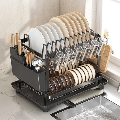 2-Tier Kitchen Dish Drain Drying Rack With Drainboard Kitchen Countertop Carbon Steel Organizer Shelf Cup Utensils Storage Rack