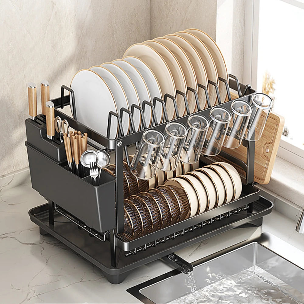2-Tier Dish Drying Rack with 360° Swivel Drain & Knife Block | Carbon Steel | Black