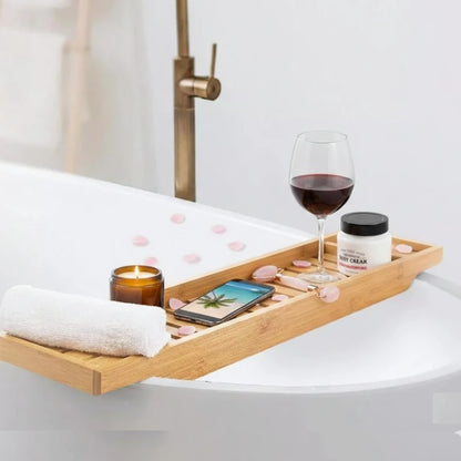 Natural Bamboo Bathtub Caddy Tray Bathroom Bath Shelf Organizer Spa Bath Tub Tray White Finish 70 cm