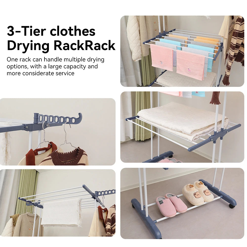 Foldable Clothes Rack With Pulleys Floor-standing Clothes Drying Rack Towel Shoe Organizing and storing  Rack Movable
