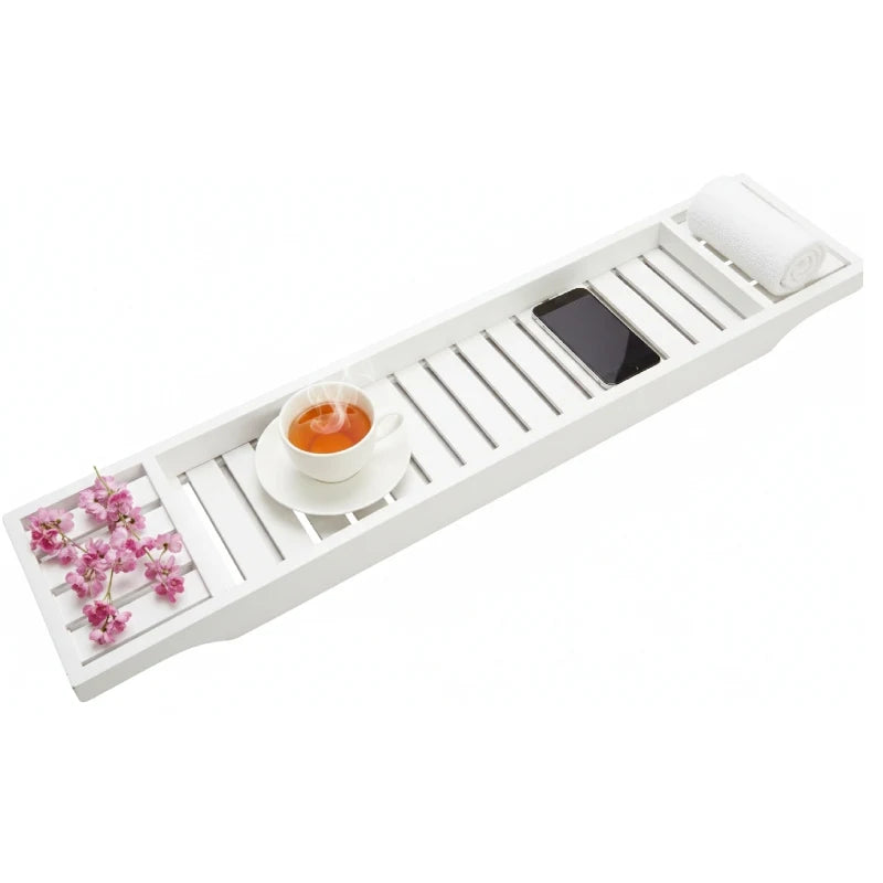 Natural Bamboo Bathtub Caddy Tray Bathroom Bath Shelf Organizer Spa Bath Tub Tray White Finish 70 cm