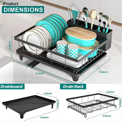 2Tier Dish Drainer Rack Space-Saving Dish Rack with Swivel Drainage Large Capacity Drainboard Utensil Holder Plates Cups Cutlery