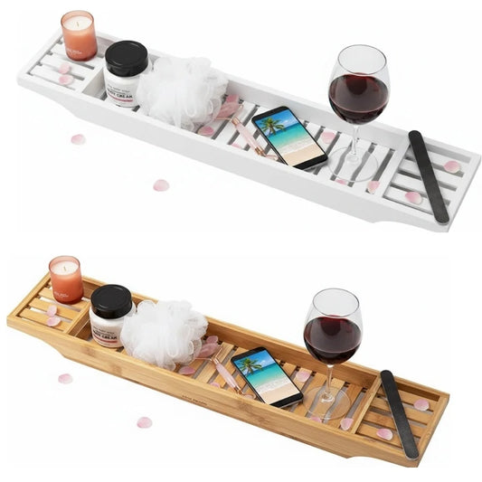Natural Bamboo Bathtub Caddy Tray Bathroom Bath Shelf Organizer Spa Bath Tub Tray White Finish 70 cm