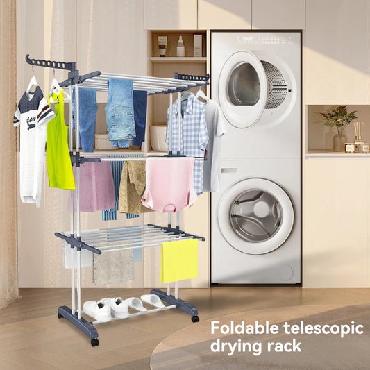 Foldable Clothes Rack With Pulleys Floor-standing Clothes Drying Rack Towel Shoe Organizing and storing  Rack Movable