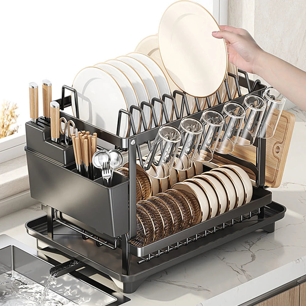 2-Tier Kitchen Dish Drain Drying Rack With Drainboard Kitchen Countertop Carbon Steel Organizer Shelf Cup Utensils Storage Rack
