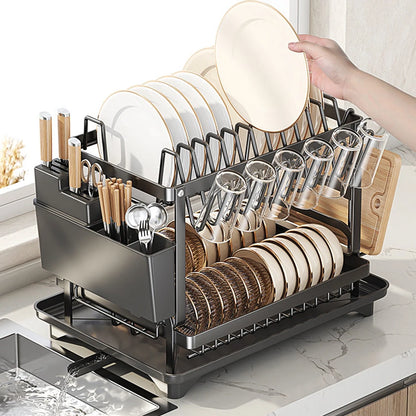 2-Tier Kitchen Dish Drain Drying Rack With Drainboard Kitchen Countertop Carbon Steel Organizer Shelf Cup Utensils Storage Rack