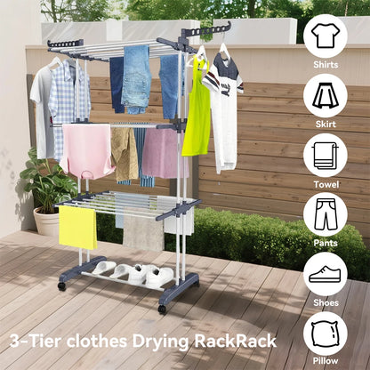 Foldable Clothes Rack With Pulleys Floor-standing Clothes Drying Rack Towel Shoe Organizing and storing  Rack Movable