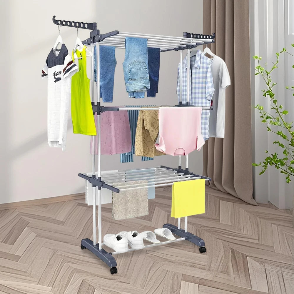 Foldable Clothes Rack With Pulleys Floor-standing Clothes Drying Rack Towel Shoe Organizing and storing  Rack Movable