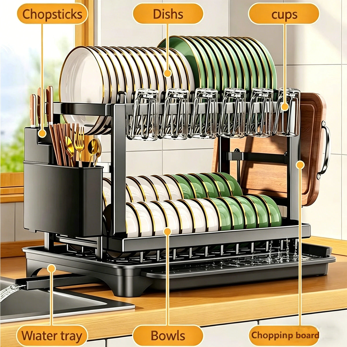 2-Tier Dish Drying Rack with 360° Swivel Drain & Knife Block | Carbon Steel | Black