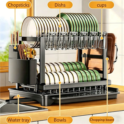 2-Tier Kitchen Dish Drain Drying Rack With Drainboard Kitchen Countertop Carbon Steel Organizer Shelf Cup Utensils Storage Rack
