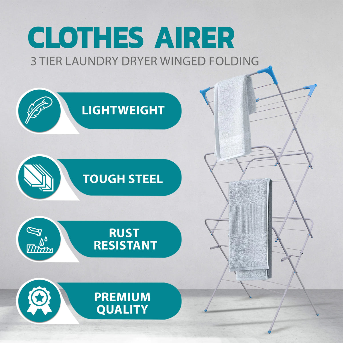 Crystals 3 Tier Deluxe Foldable Airer with 4 Corner Hooks and Sock Dryer, 14m