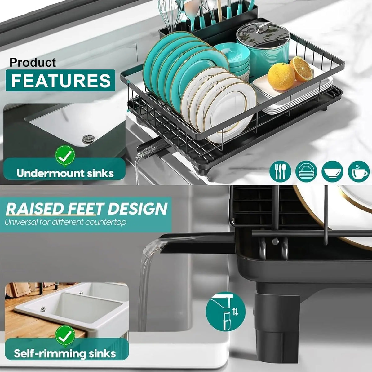 2Tier Dish Drainer Rack Space-Saving Dish Rack with Swivel Drainage Large Capacity Drainboard Utensil Holder Plates Cups Cutlery
