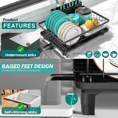 2Tier Dish Drainer Rack Space-Saving Dish Rack with Swivel Drainage Large Capacity Drainboard Utensil Holder Plates Cups Cutlery