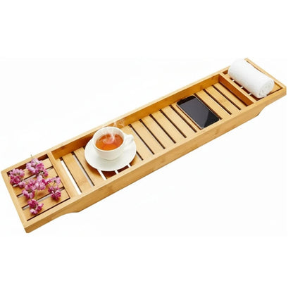 Natural Bamboo Bathtub Caddy Tray Bathroom Bath Shelf Organizer Spa Bath Tub Tray White Finish 70 cm
