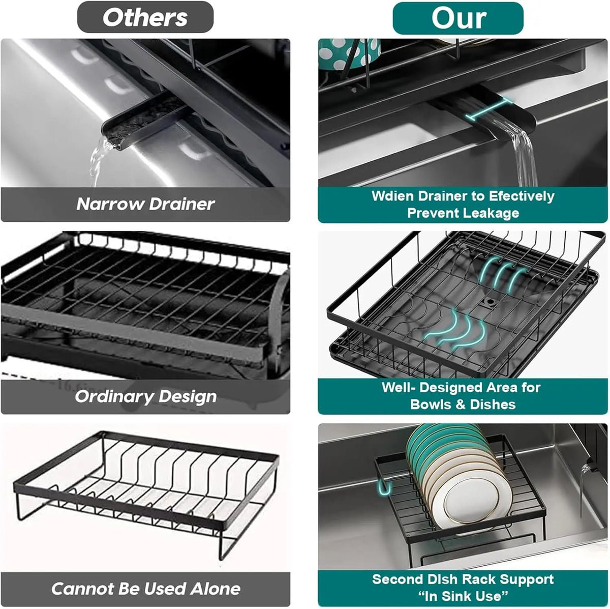 2Tier Dish Drainer Rack Space-Saving Dish Rack with Swivel Drainage Large Capacity Drainboard Utensil Holder Plates Cups Cutlery