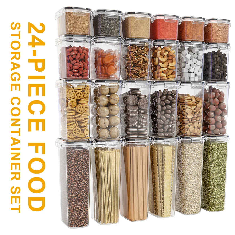 Kitchen Food Storage Container Food-Grade PP Storage Box 24-Piece Transparent Plastic Airtight Jar Set for Storing Grains