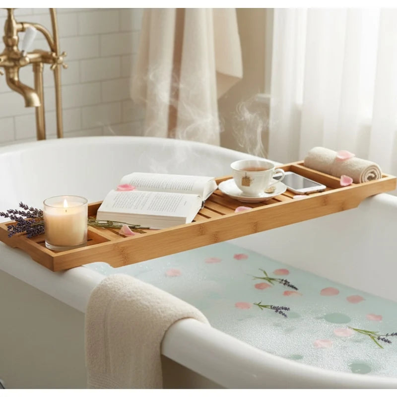 Natural Bamboo Bathtub Caddy Tray Bathroom Bath Shelf Organizer Spa Bath Tub Tray White Finish 70 cm