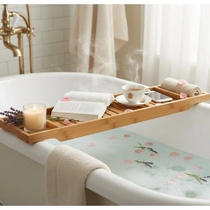 Natural Bamboo Bathtub Caddy Tray Bathroom Bath Shelf Organizer Spa Bath Tub Tray White Finish 70 cm