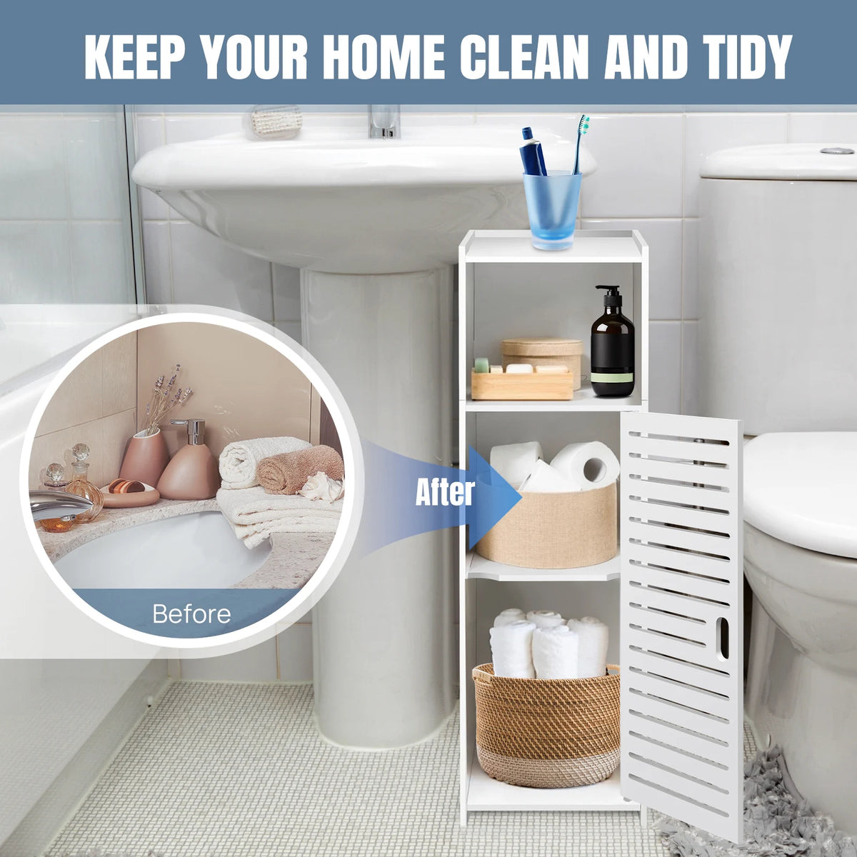 3-Tier Bathroom Floor Cabinet with Door