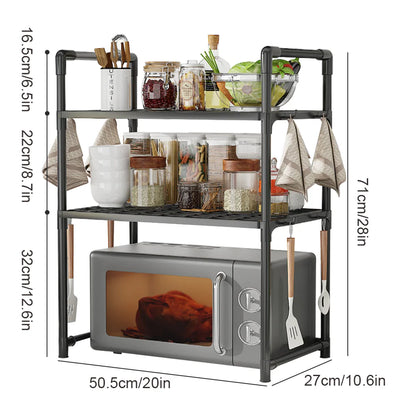 Multi-Purpose Kitchen Storage Rack for Microwave, Oven, Countertop Organizer with Tool Hooks Tidying Shelves Kitchen Accessories